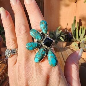 Clustet Turquoise Onyx Artistic Ajustable Ring Sterling Silver Size 7 And Up